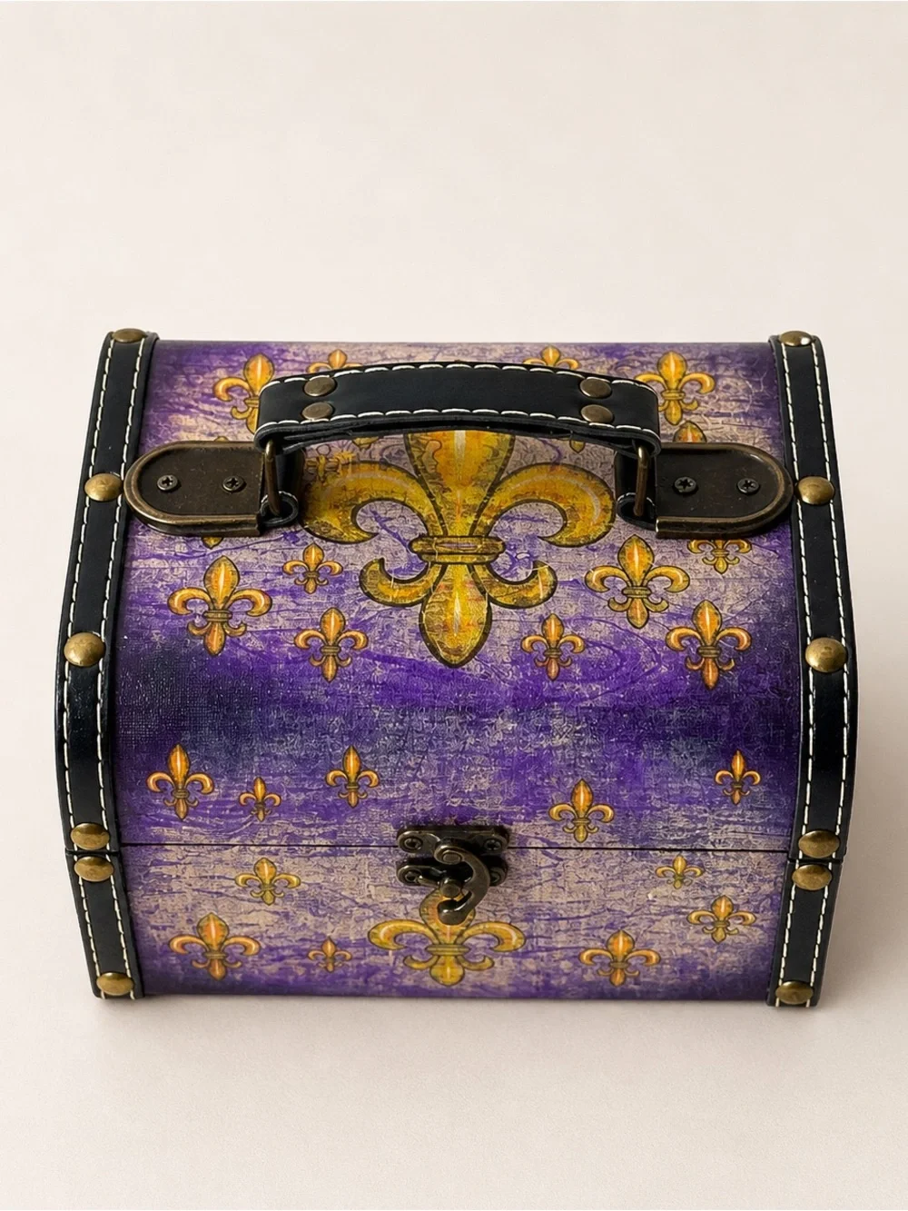 Vintage‎ Purple Fleur De Lis Trinket Jewelry Box Chest Lockable
